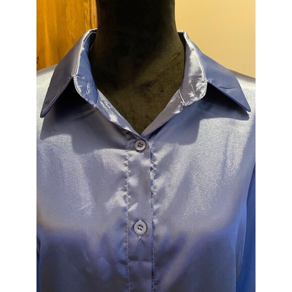 Womans Steele Blue Plus Size XL Silk Feel Shimmery Button Down Blouse - Picture 3 of 9